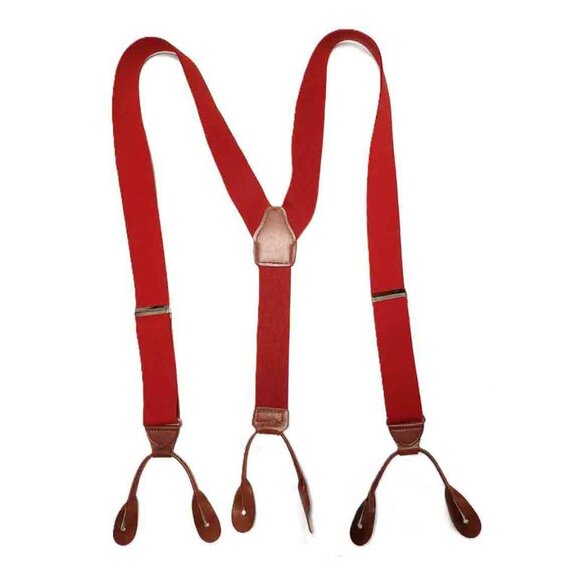 Red Elastic and Brown Leather Suspenders Men's One Size Adjustable - Picture 1 of 1